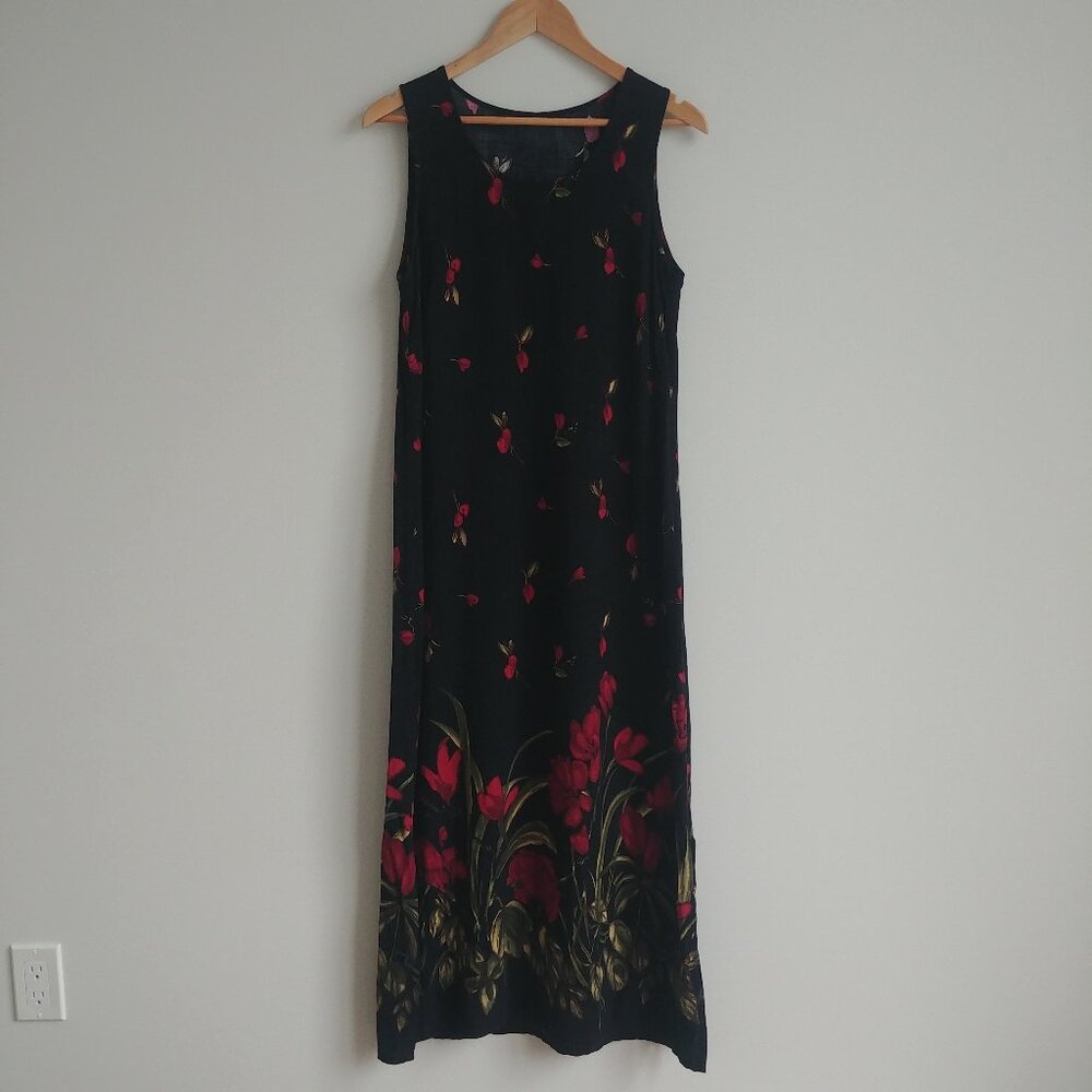 Long black sleeveless maxi dress with red and green flowers approx Small